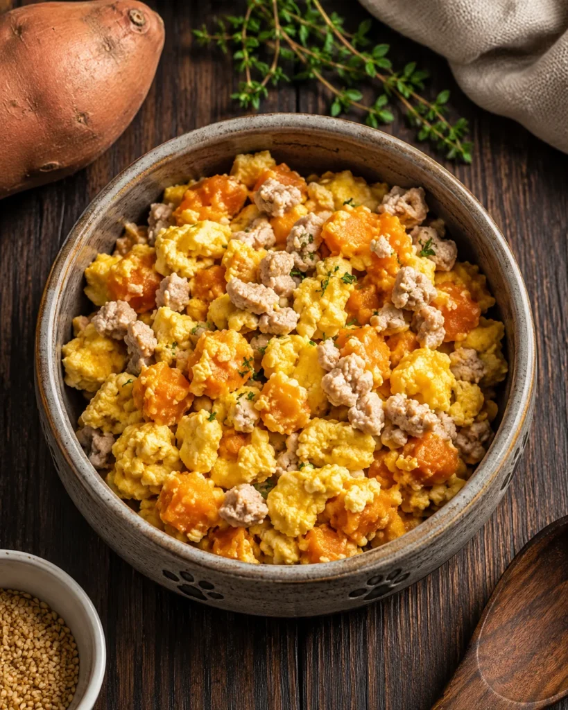 Egg sweet potato and turkey scramble for active dogs