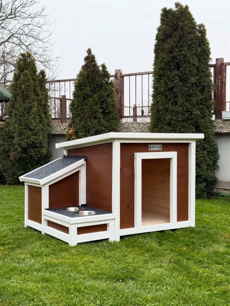 Gable roof insulated dog house with attached feeding porch