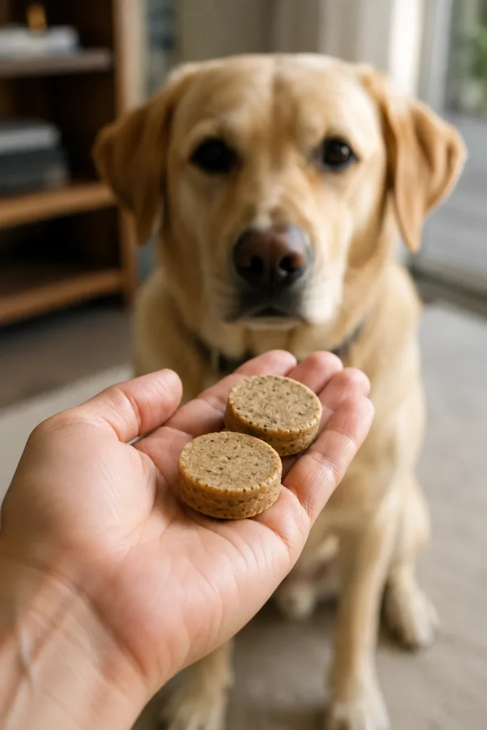 Anti-inflammatory dog treats for joints held out for a dog to eat
