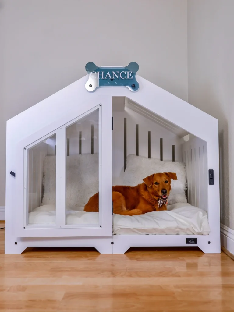 House shaped dog crate with white finish and acrylic door