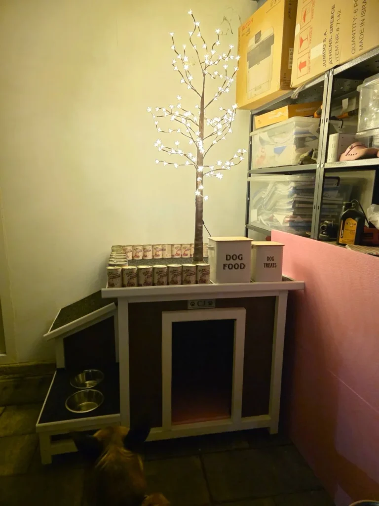 Small indoor insulated dog house with raised feeding station