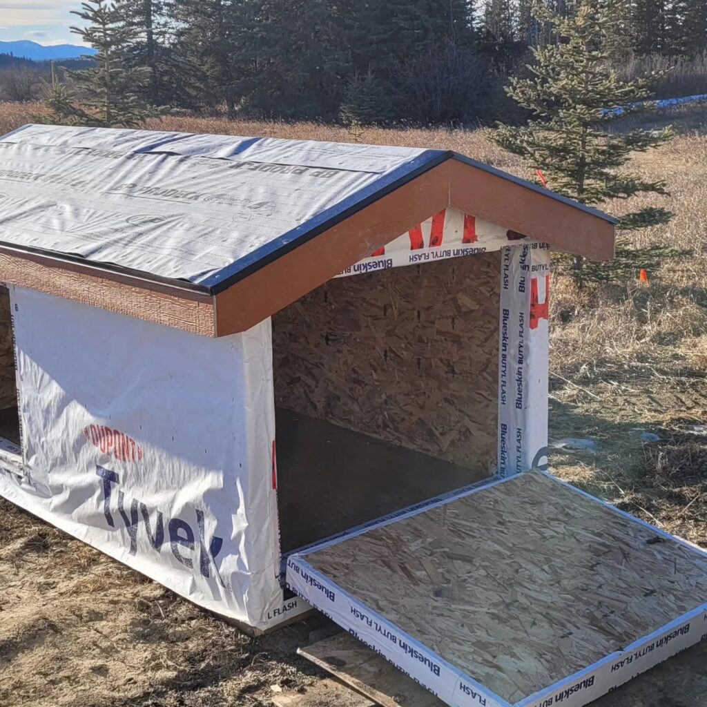Insulated dog house diy wall panels with house wrap and OSB layer