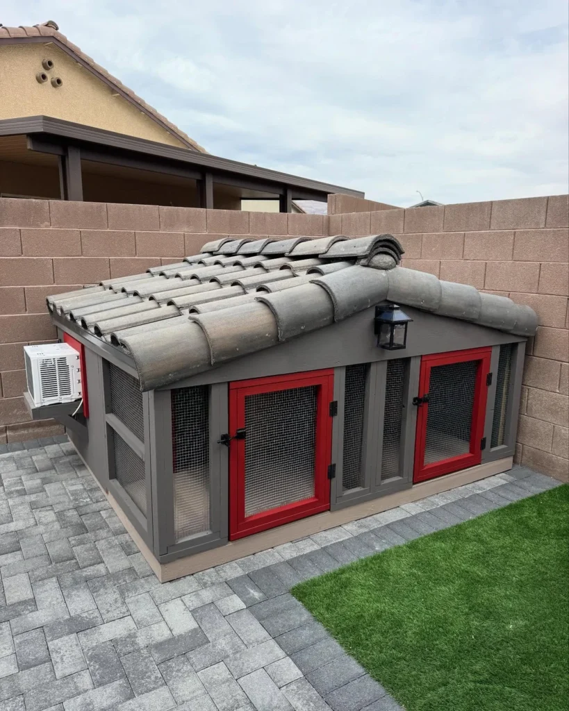 Luxury double dog house idea with tile roof and air conditioning