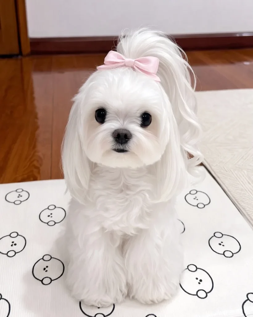 High single ponytail with bow, cute Maltese dog haircut style