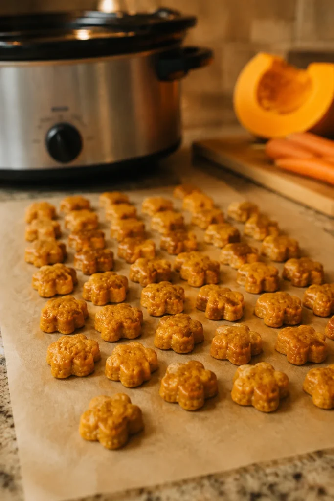 Mini slow-cooked carrot pumpkin chews for dogs cooling on parchment paper