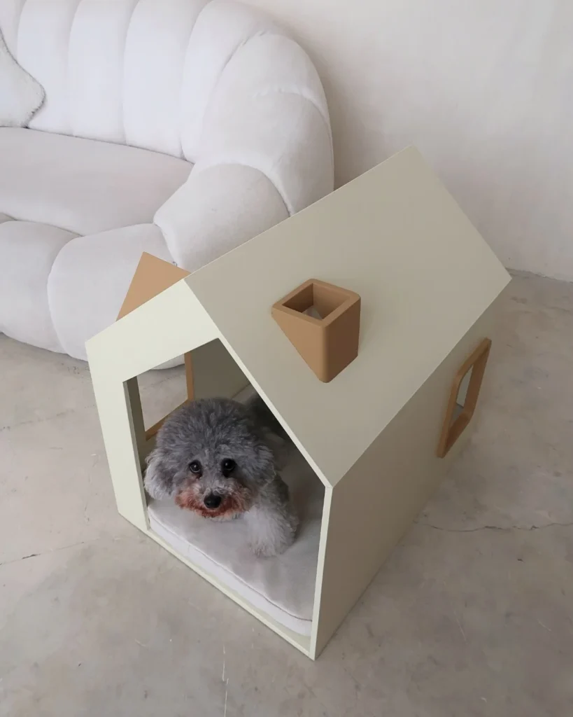 Minimalist cream A frame luxury dog house with poodle inside