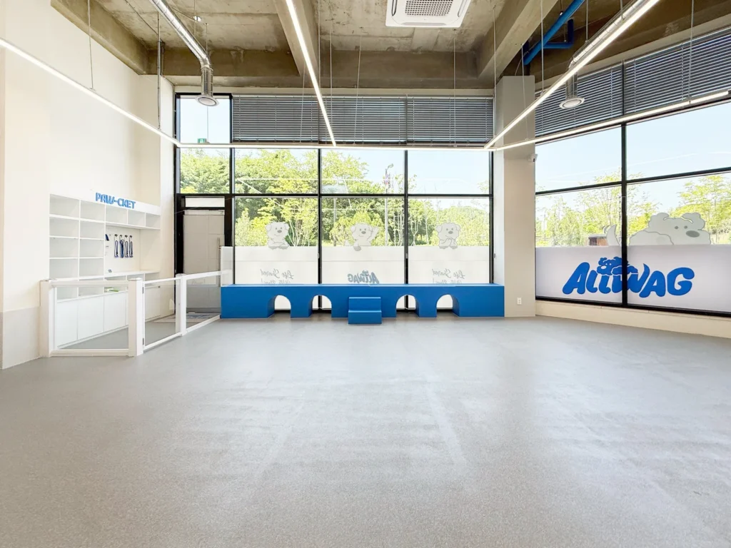 Modern reception area combined with dog play space and bridge tunnel