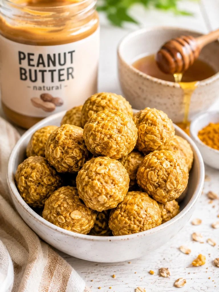 No-bake turmeric energy bites for dogs on a ceramic plate