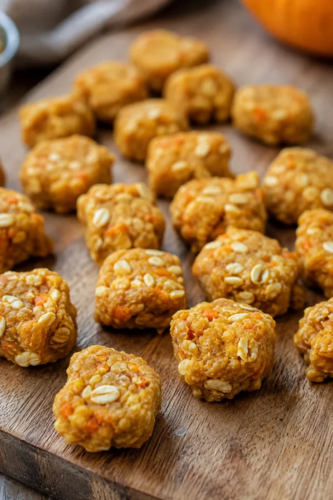 Small oat and pumpkin carrot chew bites for dogs used as training treats