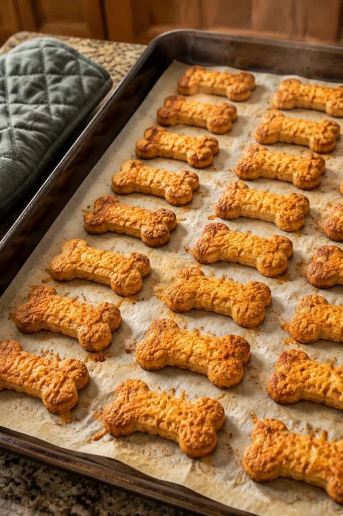 Crunchy oven-baked cheesy chicken dog treat biscuits stacked on a plate