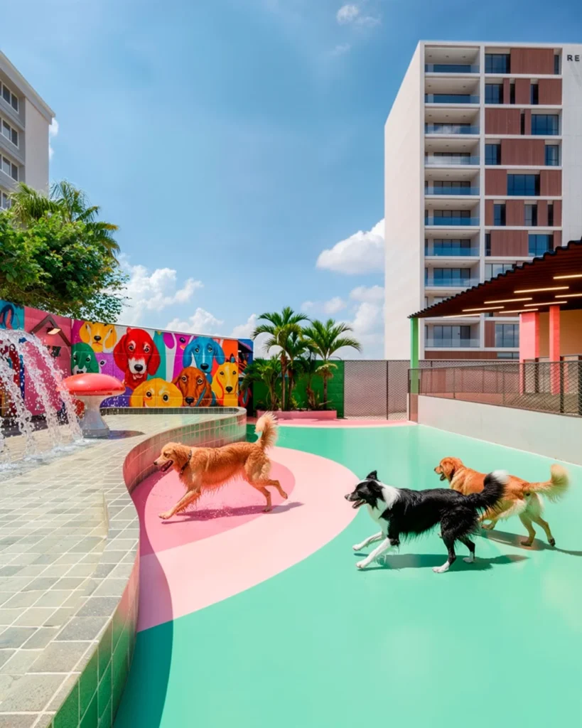 Painted concrete splash pad water feature for dogs