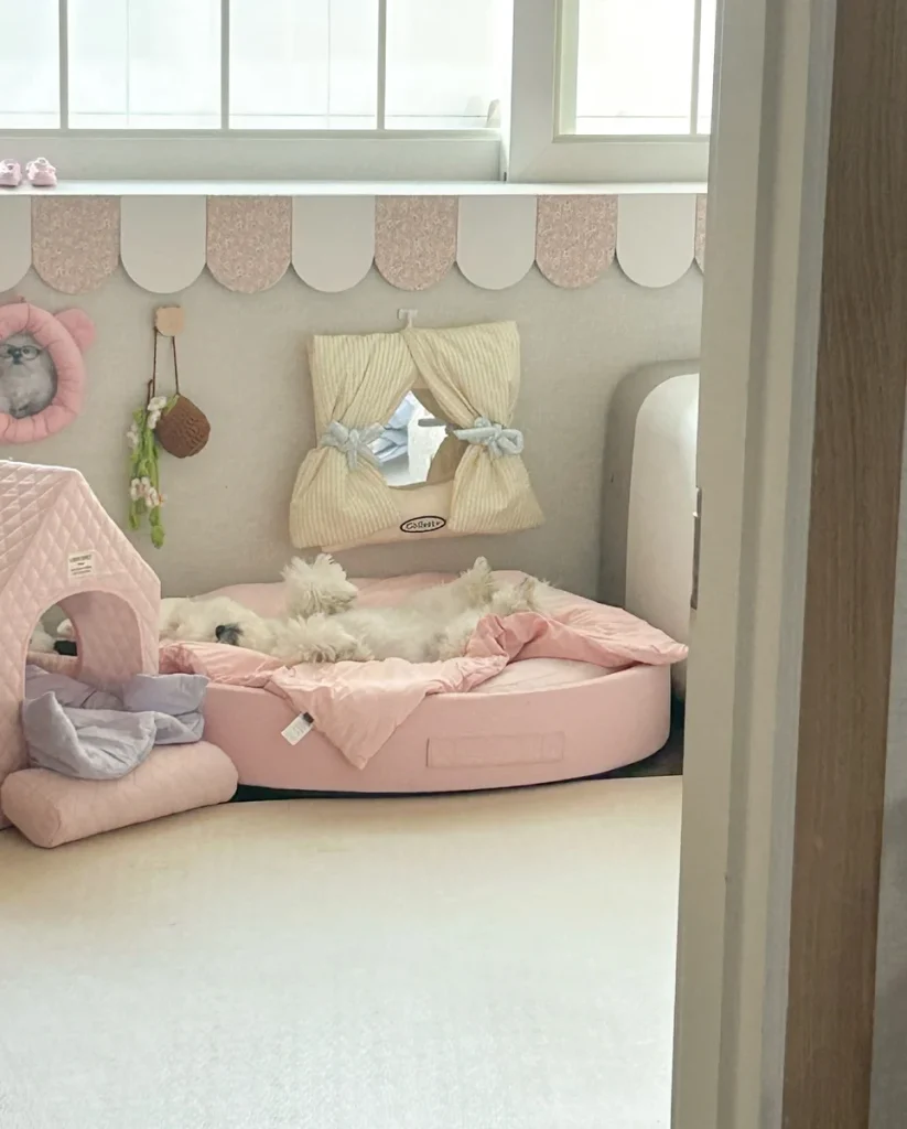 Pink round dog bed set in a pastel scalloped wall corner