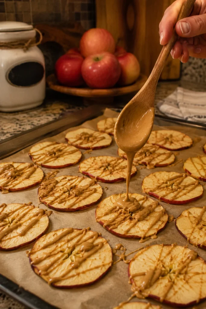 Apple chips for dogs drizzled with peanut butter