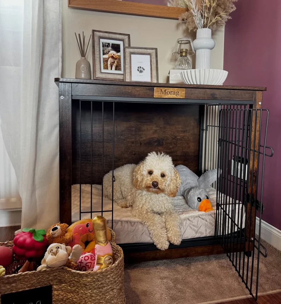 Dark wood dog crate styled with framed photos and a name plate