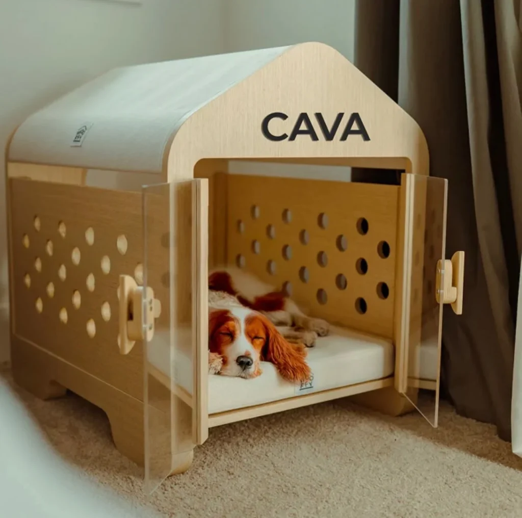 Personalized wood dog house with dot pattern acrylic doors