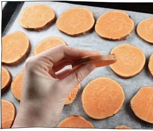 Raw sweet potato slices prepped for homemade dog chew treats recipes