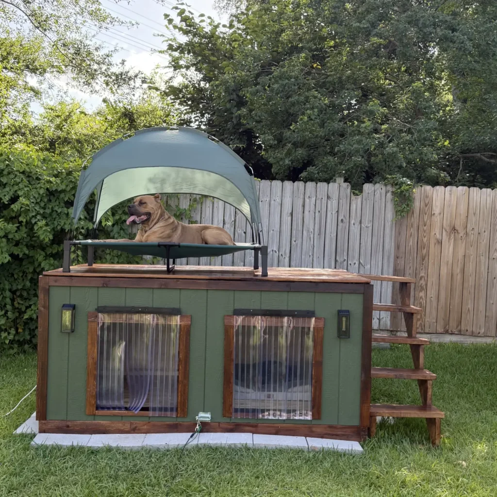 Insulated dog house with rooftop deck and shaded canopy tent