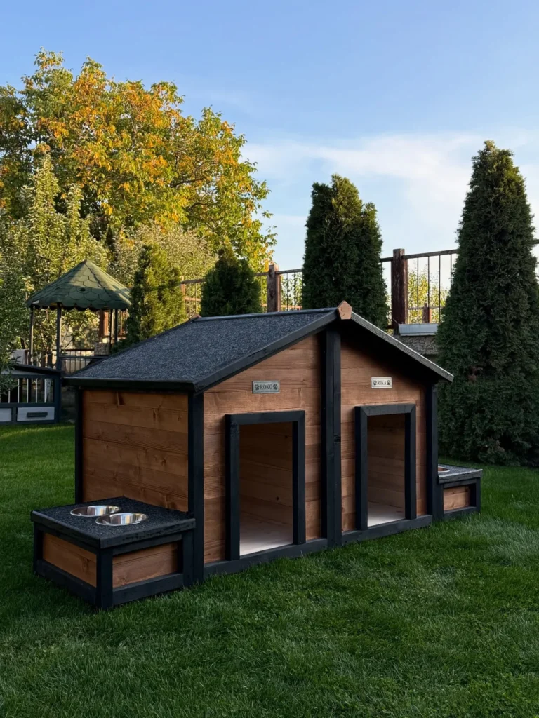 Rustic double dog house with personalized nameplates