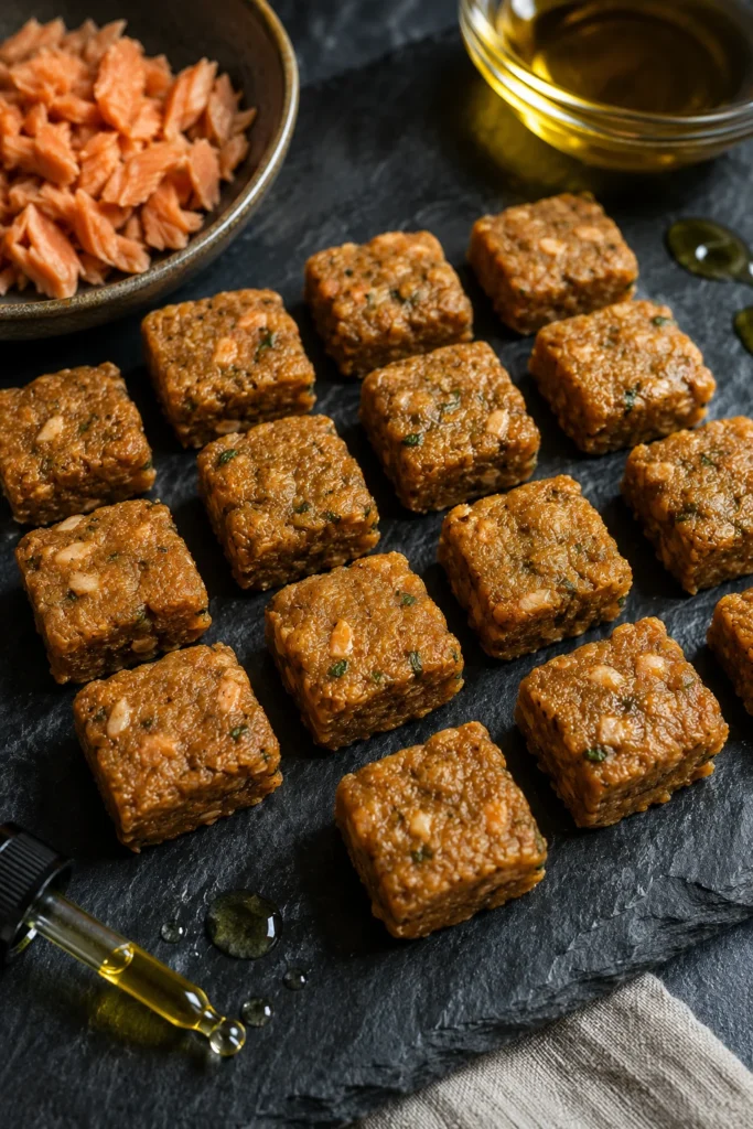 Fish omega-3 anti-inflammatory dog treats arranged on parchment paper