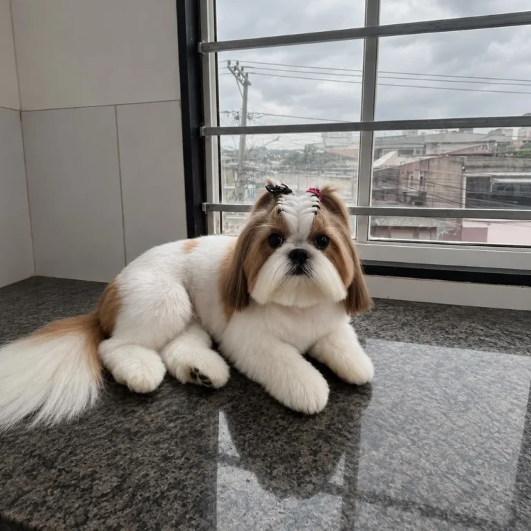 Compact teddy bear puppy cut on a fluffy Shih Tzu with rounded legs