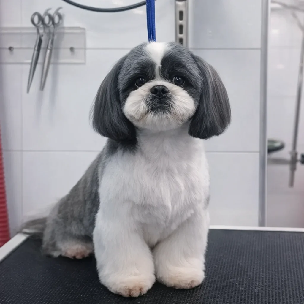 Shih Tzu haircuts grey and white round teddy bear face style