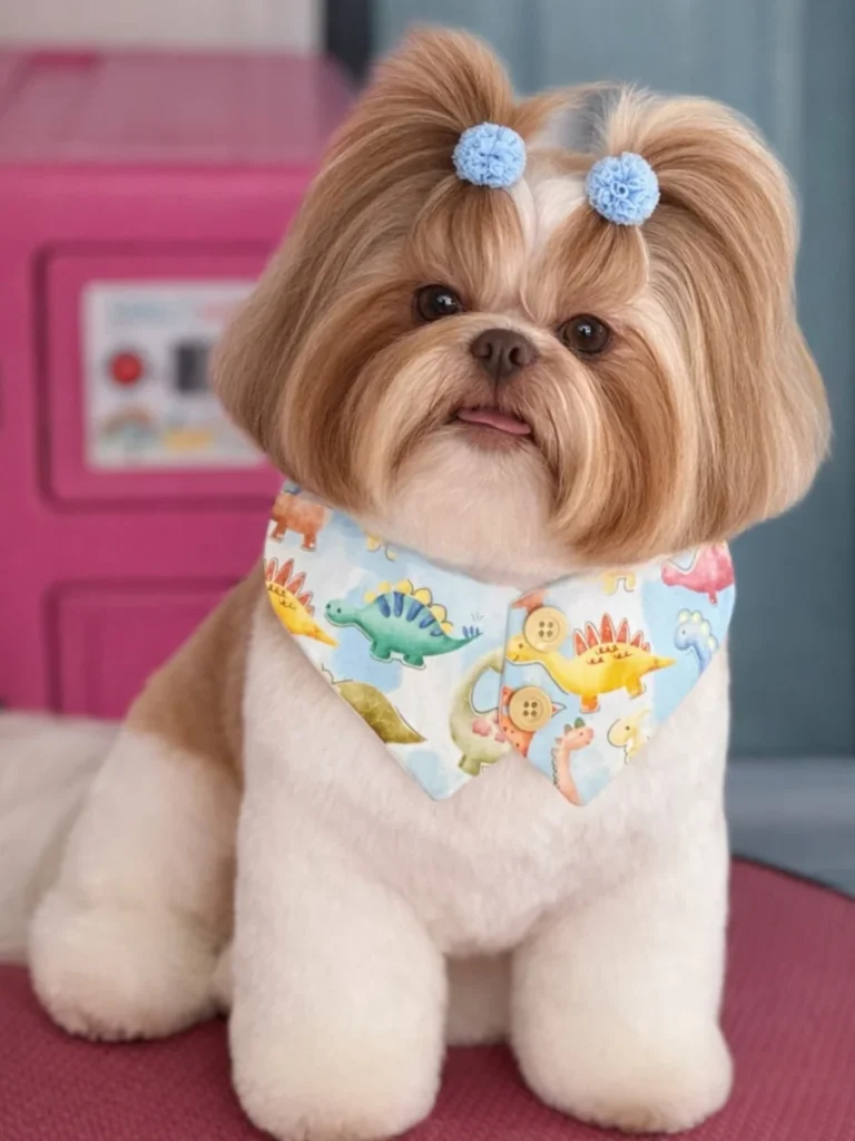 Short trimmed Shih Tzu puppy cut with tiny pigtail hair clips lying down