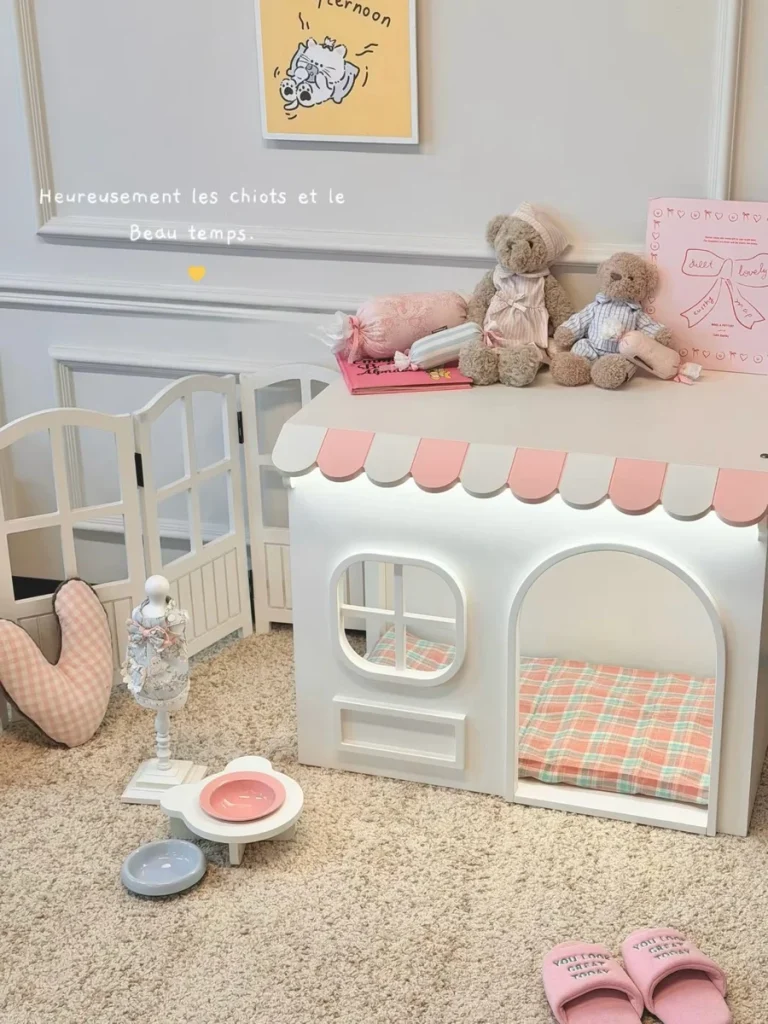 Pastel plaid house shaped dog bed with teddy bear decor