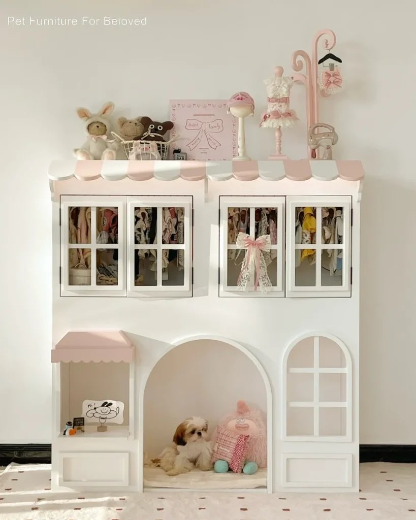 Two story pink boutique style dog house with display windows, Dog Room Design Inspiration