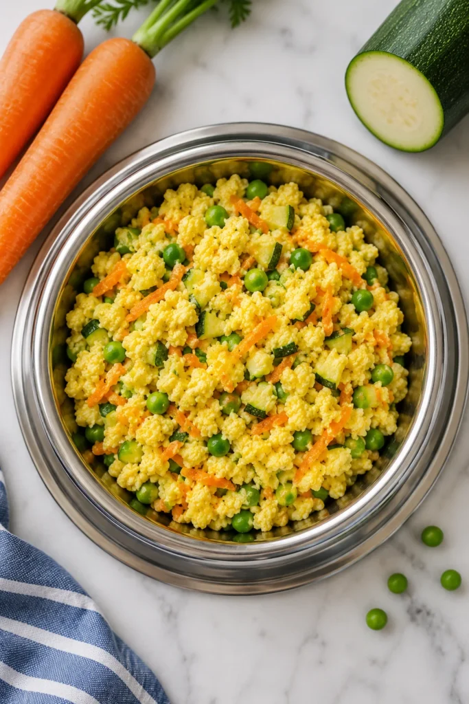 Veggie egg scramble for dogs with carrot and zucchini