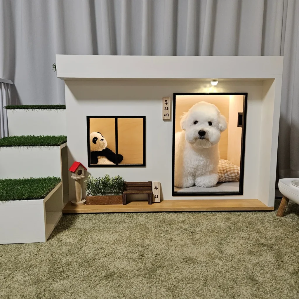 White modern luxury dog house with mini yard and lighting