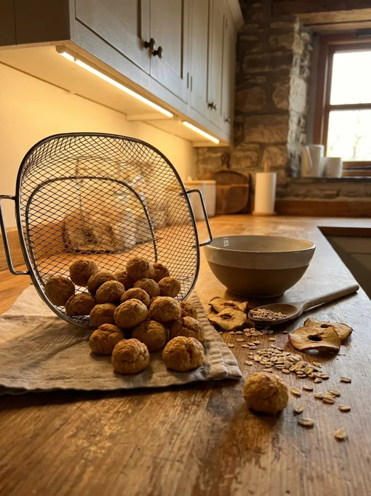 Small round apple oat bites cooked in an air fryer