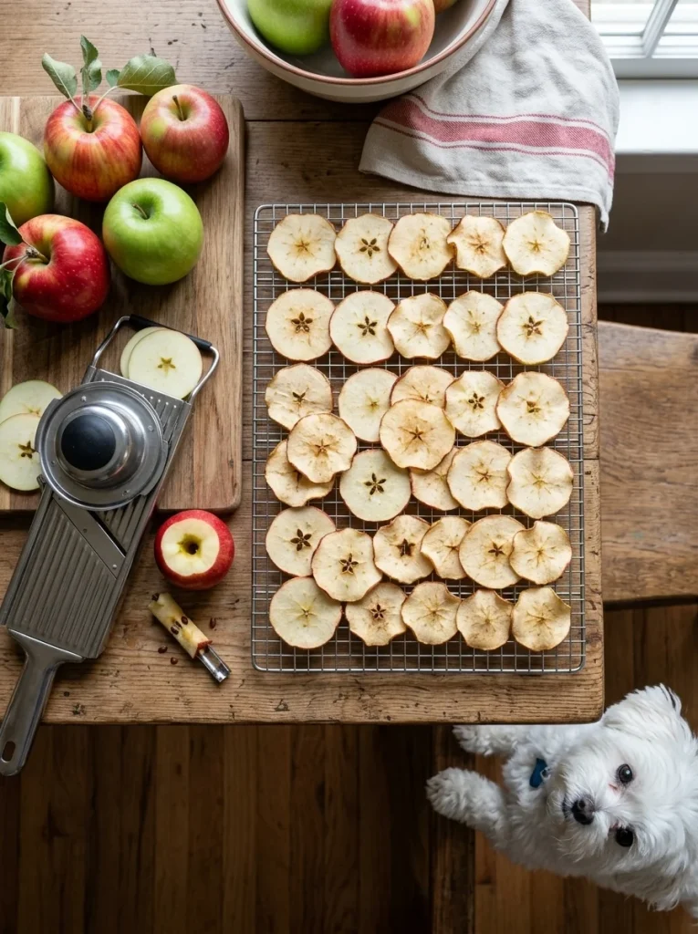 Crispy dehydrated apple chips as a light low-fat snack for dogs