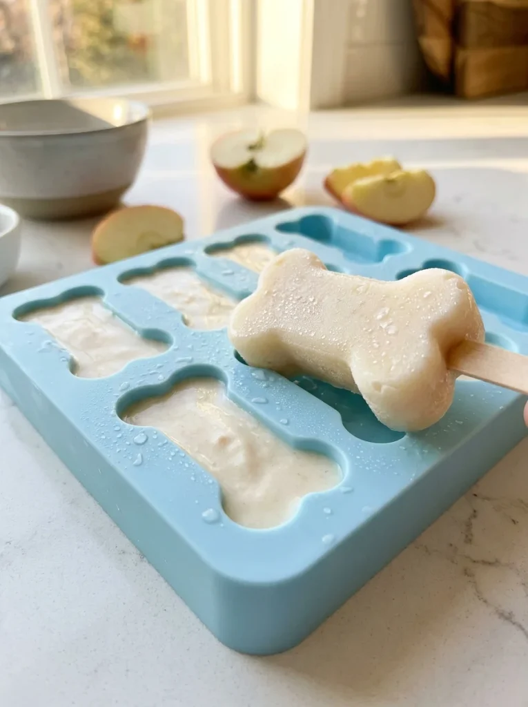 Apple dog treats frozen pupsicles in a silicone mold