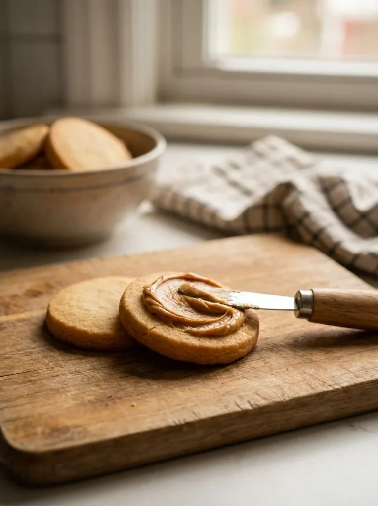 Spreading peanut butter filling between two baked cookies for dogs