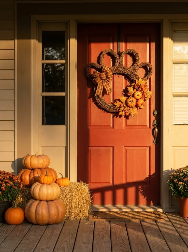 Fall pumpkin dog paw wreath on a rustic autumn porch setting