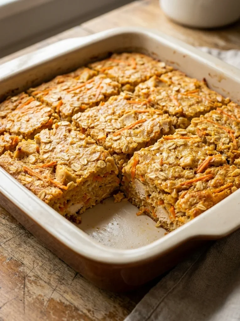 Baked chicken and oatmeal casserole recipe sliced into squares for dogs