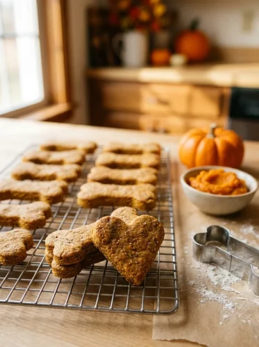 3-ingredient pumpkin dog treats baked into golden bone-shaped biscuits on a cooling rack
