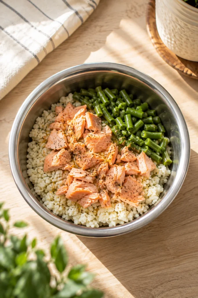 Diabetic Friendly Dog Food salmon bowl with styled ingredients