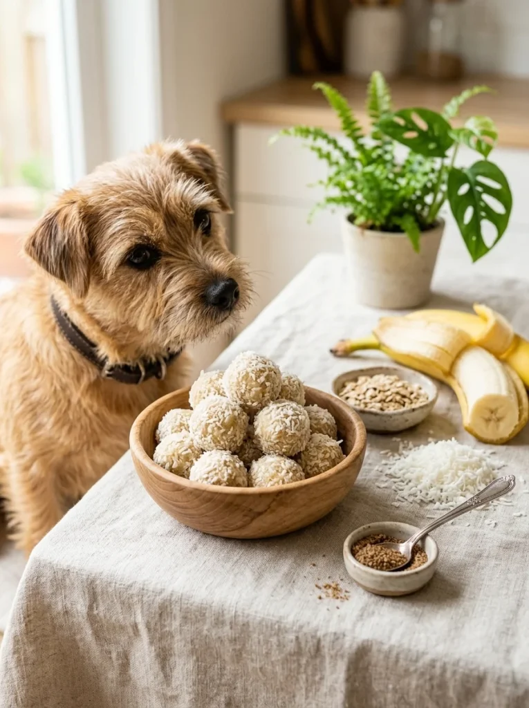 Soft banana coconut energy balls rolled in shredded coconut for dogs