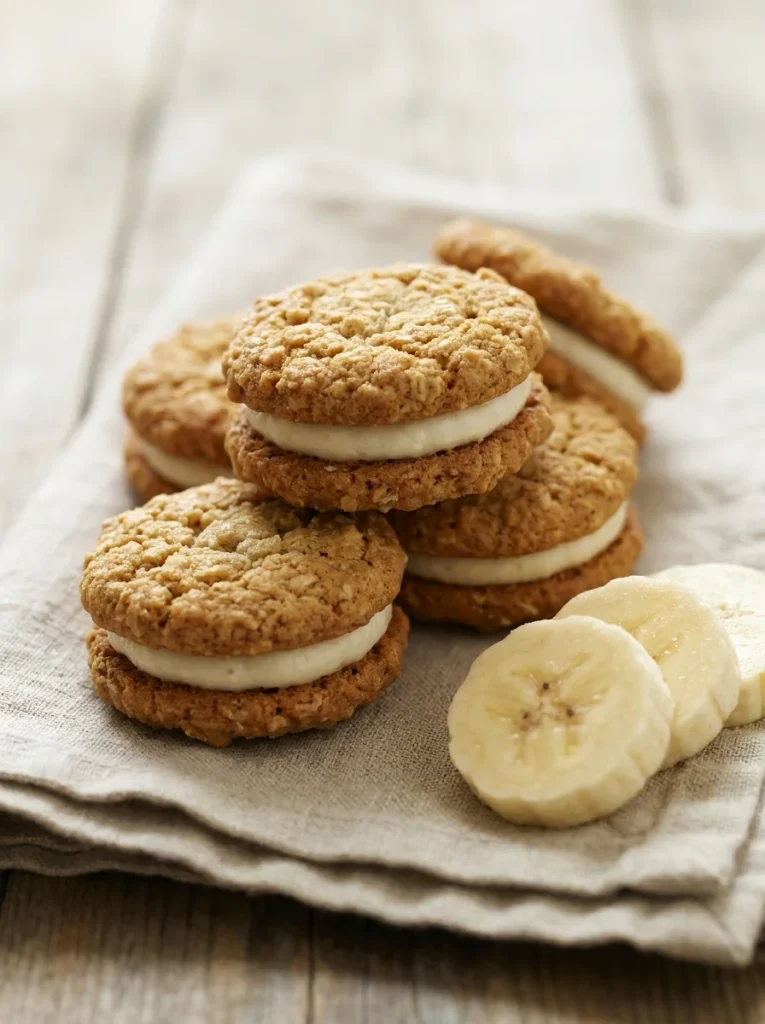 Realistic photo of banana oat macarons for dogs beside sliced banana