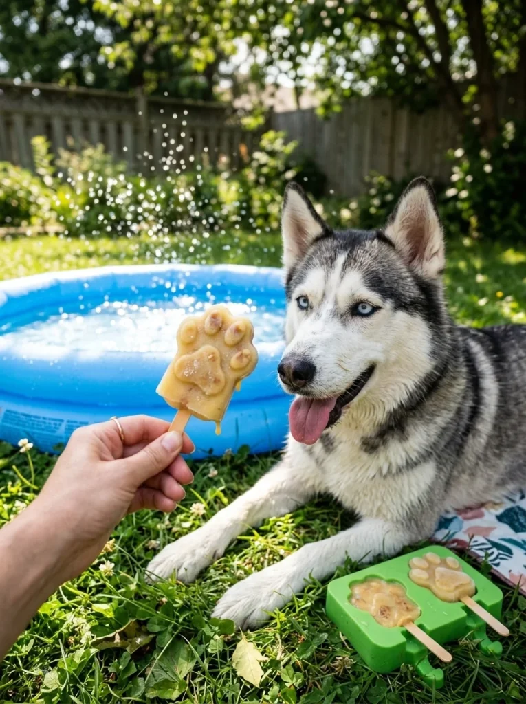Frozen banana peanut butter pupsicles offered as vegan dog treats on a hot day