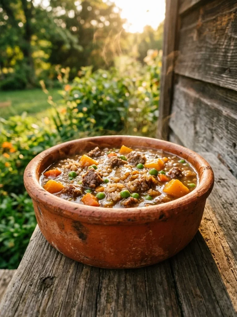 Beef, brown rice, and pea stew in a rustic dog bowl