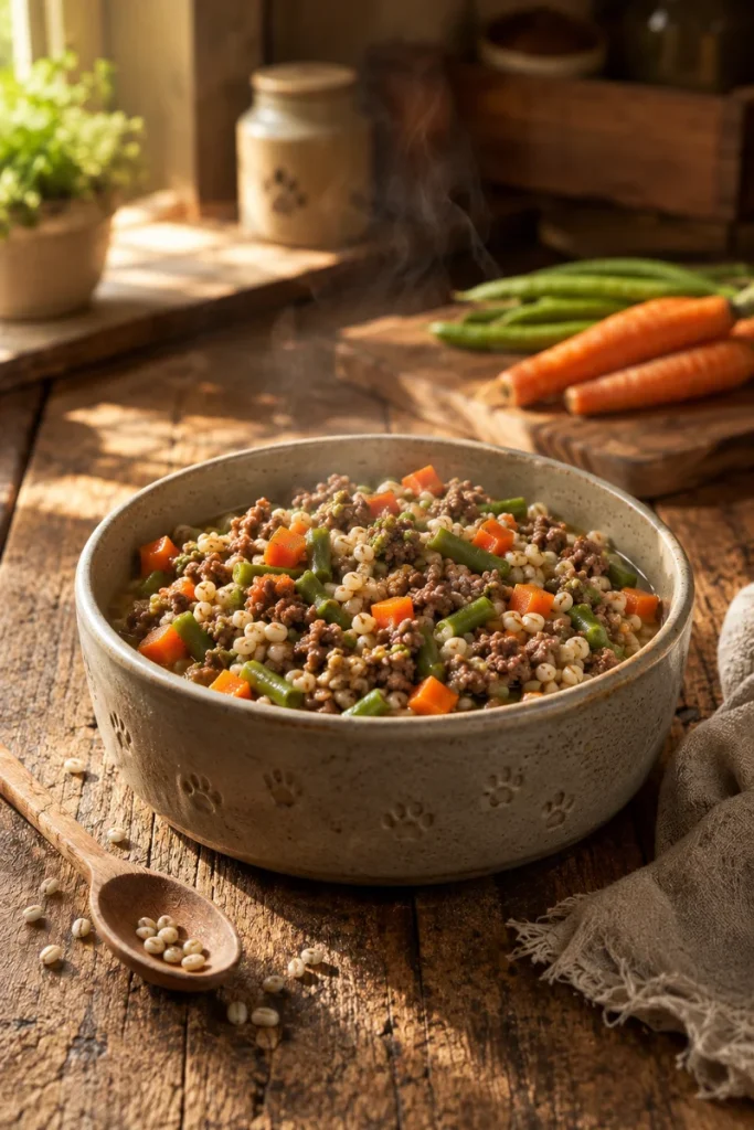 Beef and barley dog food styled with raw ingredients