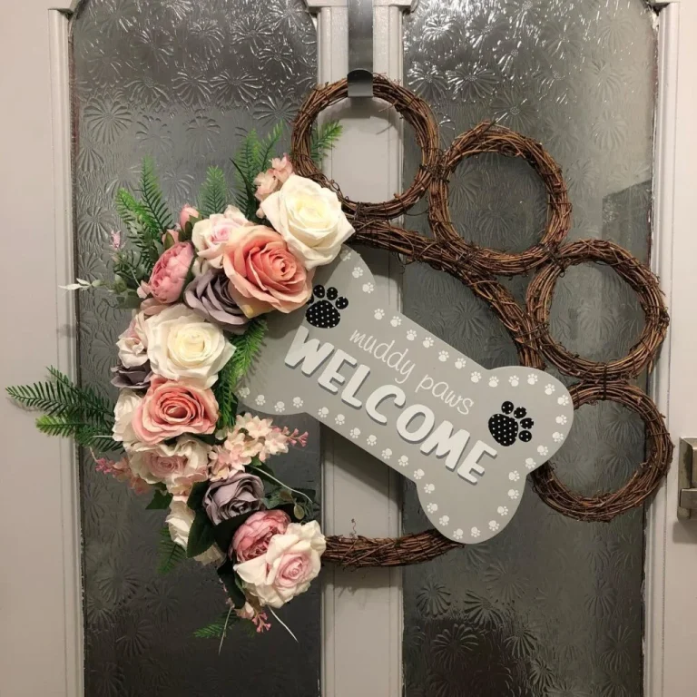 Blush rose grapevine dog paw wreath diy with muddy paws welcome sign