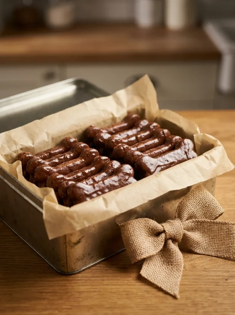 Carob-dipped dog biscuits packaged in a tin, best selling dog treats