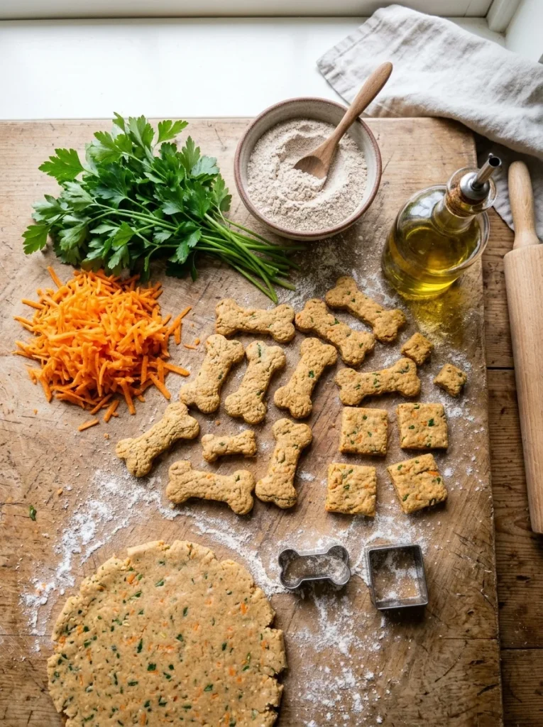 Crunchy carrot and parsley dog biscuits with fresh grated carrots