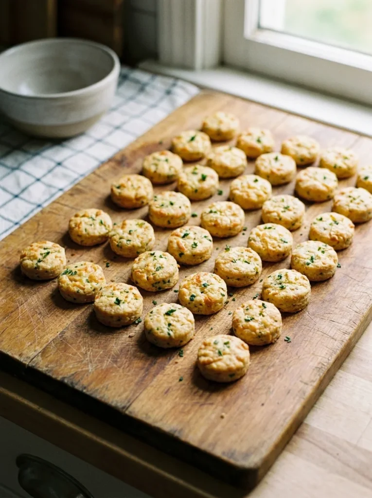Savory cheese and herb dog biscuits on a wooden board