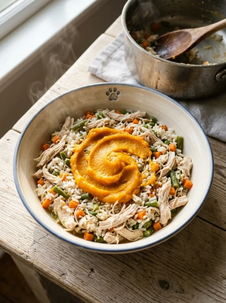 Chicken rice and carrot homemade dog food in a ceramic bowl