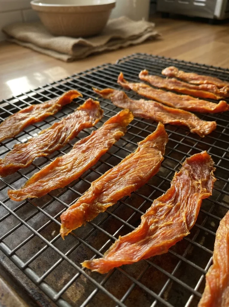 Homemade chicken and sweet potato jerky strips for dogs