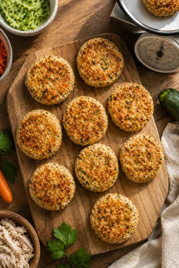 Chicken and vegetable dog food patties styled with fresh props